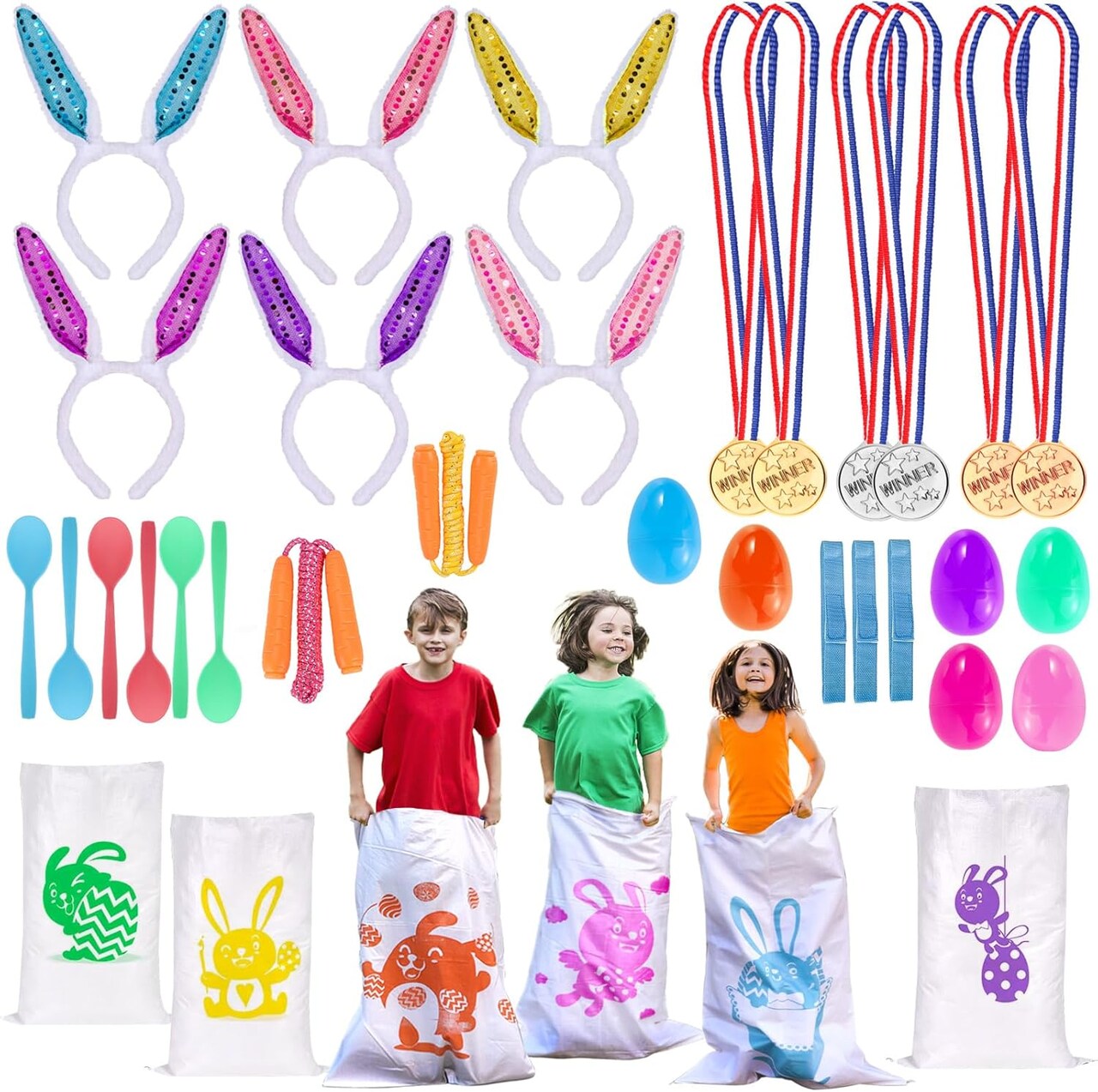 29 Pack Easter Games for Kids Outdoor, Potato Jumping Bags, Bunny Ears Headbands, Egg Spoon Relay Races, Legged Relay Race Bands for Easter Eggs Hunt Party Supplies